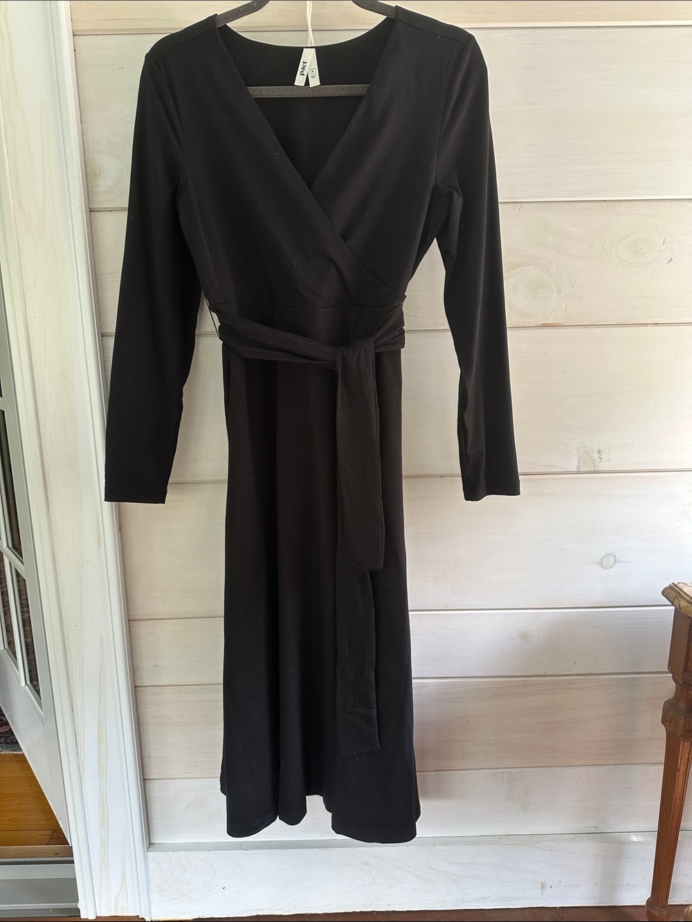 Classic Black Long-Sleeve Wrap Dress with Waist Tie, Never Worn
